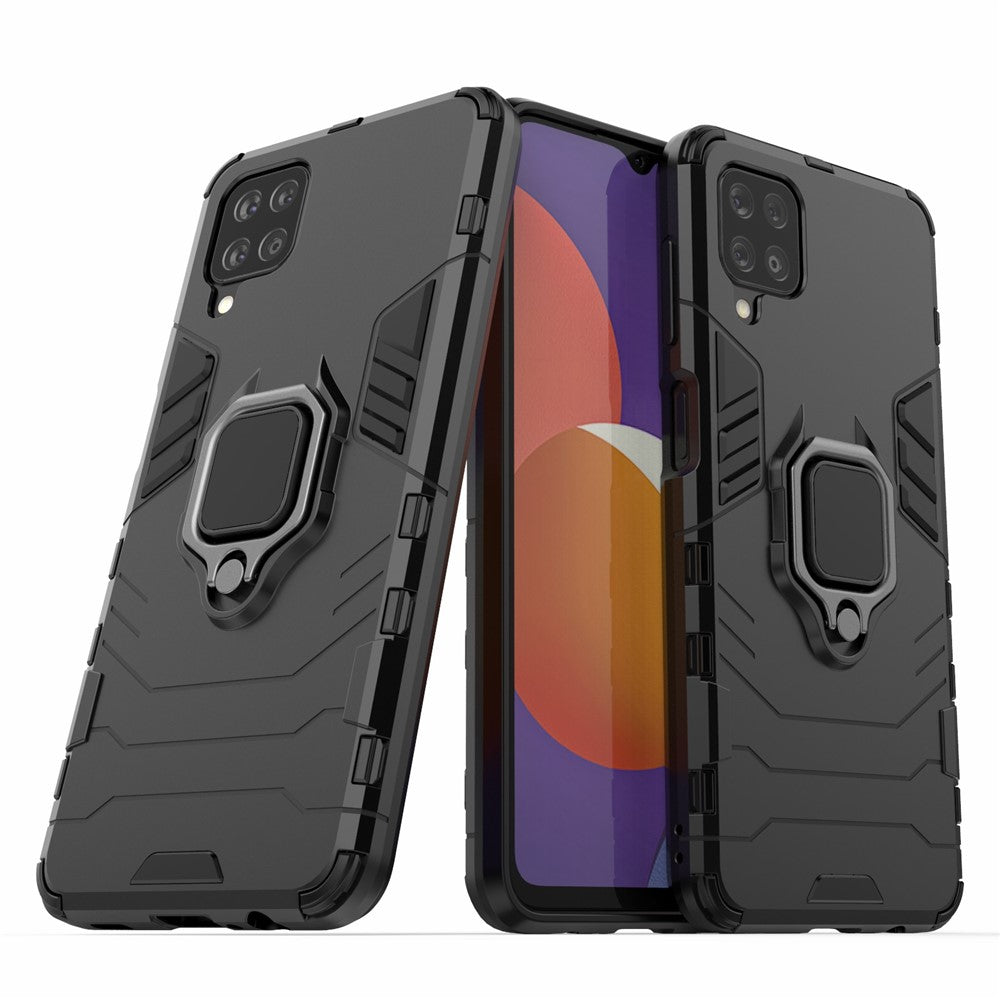 Cool Guard Ring Holder Kickstand PC TPU Hybrid Case Protective Shell for Samsung Galaxy M12 - Black