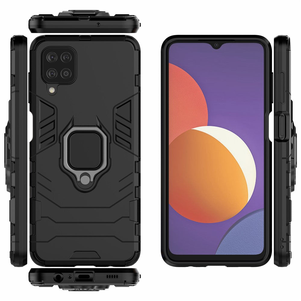 Cool Guard Ring Holder Kickstand PC TPU Hybrid Case Protective Shell for Samsung Galaxy M12 - Black