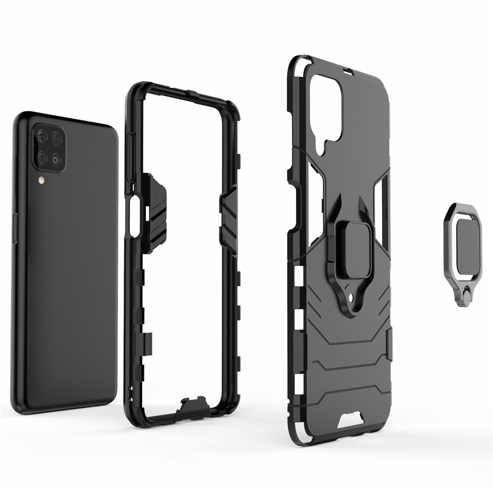Cool Guard Ring Holder Kickstand PC TPU Hybrid Case Protective Shell for Samsung Galaxy M12 - Black