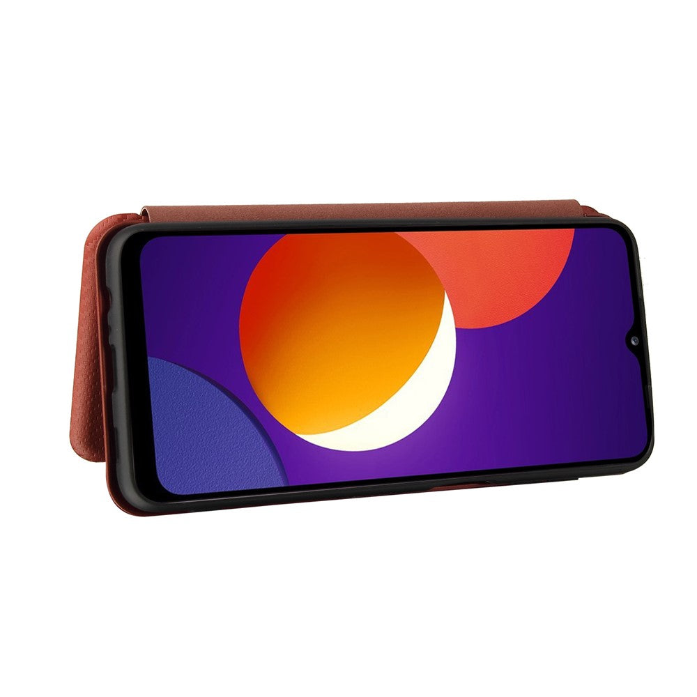 Auto-absorbed Carbon Fiber Texture Card Slot Leather Phone Case for Samsung Galaxy M12/F12 - Orange