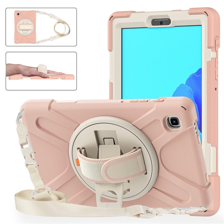 Heavy Duty Shockproof PC + Silicone Cover with 360 Degree Swivel Kickstand Shoulder Strap for Samsung Galaxy Tab A7 Lite 8.7-inch - Pink / White