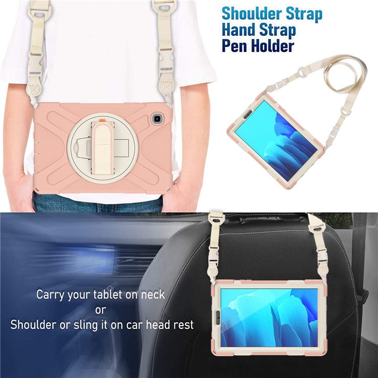 Heavy Duty Shockproof PC + Silicone Cover with 360 Degree Swivel Kickstand Shoulder Strap for Samsung Galaxy Tab A7 Lite 8.7-inch - Pink / White