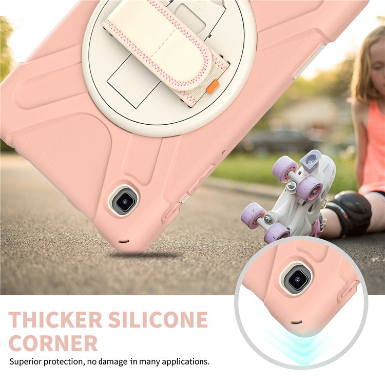 Heavy Duty Shockproof PC + Silicone Cover with 360 Degree Swivel Kickstand Shoulder Strap for Samsung Galaxy Tab A7 Lite 8.7-inch - Pink / White