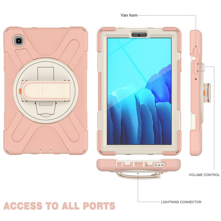 Heavy Duty Shockproof PC + Silicone Cover with 360 Degree Swivel Kickstand Shoulder Strap for Samsung Galaxy Tab A7 Lite 8.7-inch - Pink / White