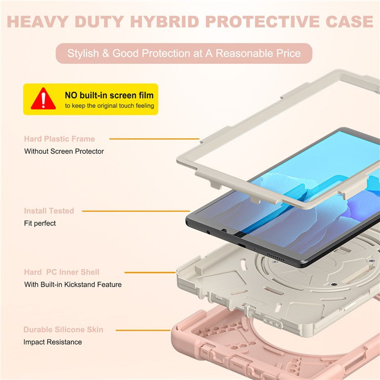 Heavy Duty Shockproof PC + Silicone Cover with 360 Degree Swivel Kickstand Shoulder Strap for Samsung Galaxy Tab A7 Lite 8.7-inch - Pink / White