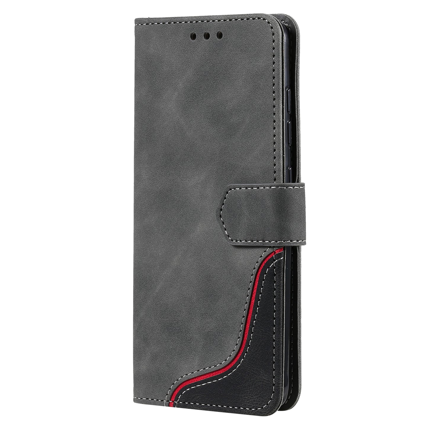 Skin-Feel Tri-Color Splicing PU Leather Wallet Phone Case Stand Cover for Samsung Galaxy S20 FE 2022/S20 FE 4G/S20 FE 5G/S20 Lite - Grey