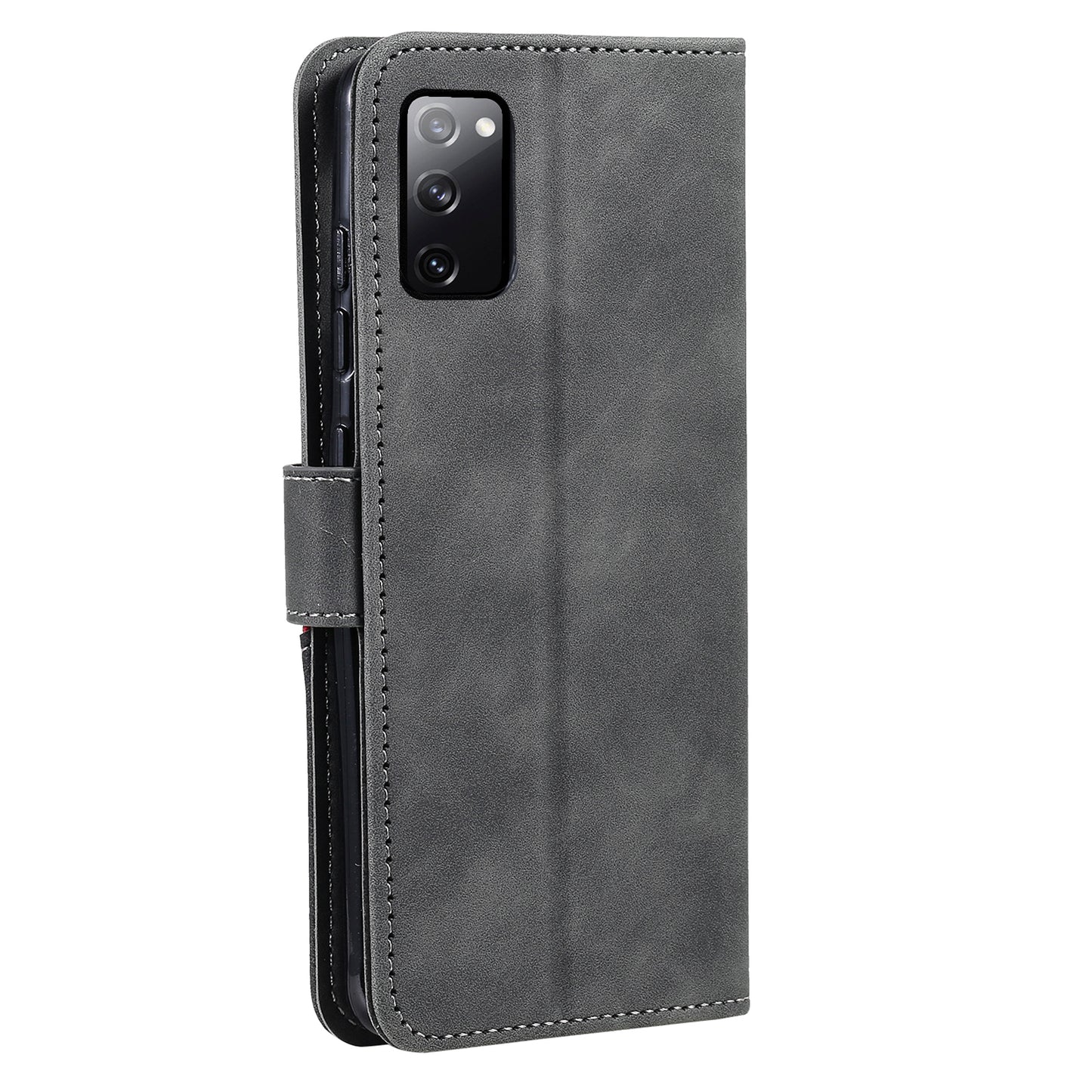 Skin-Feel Tri-Color Splicing PU Leather Wallet Phone Case Stand Cover for Samsung Galaxy S20 FE 2022/S20 FE 4G/S20 FE 5G/S20 Lite - Grey