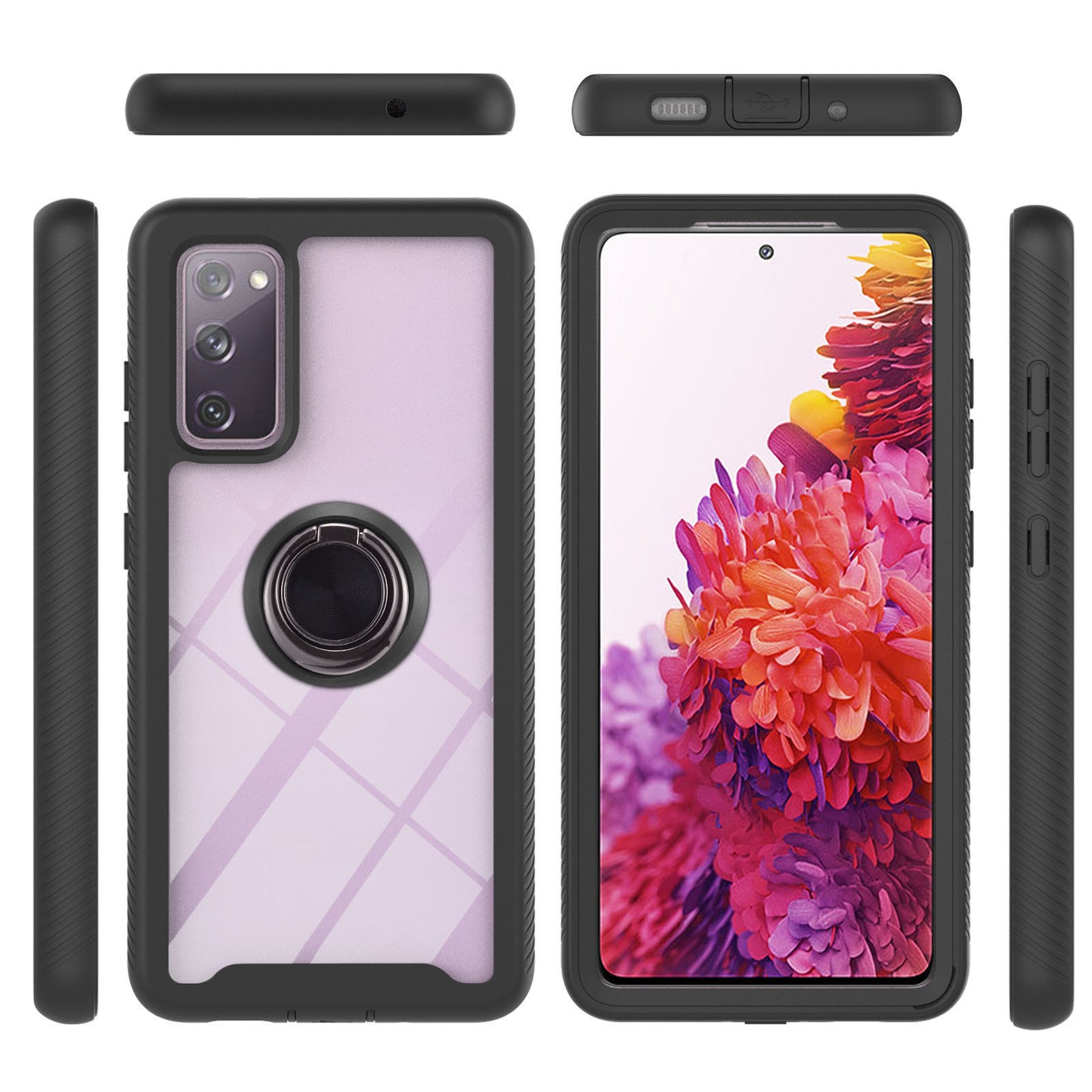 360-Degree Ring Kickstand Design TPU + PC Hybrid Phone Case Protector for Samsung Galaxy S20 FE 2022/S20 FE 4G/S20 FE 5G/S20 Lite - Black