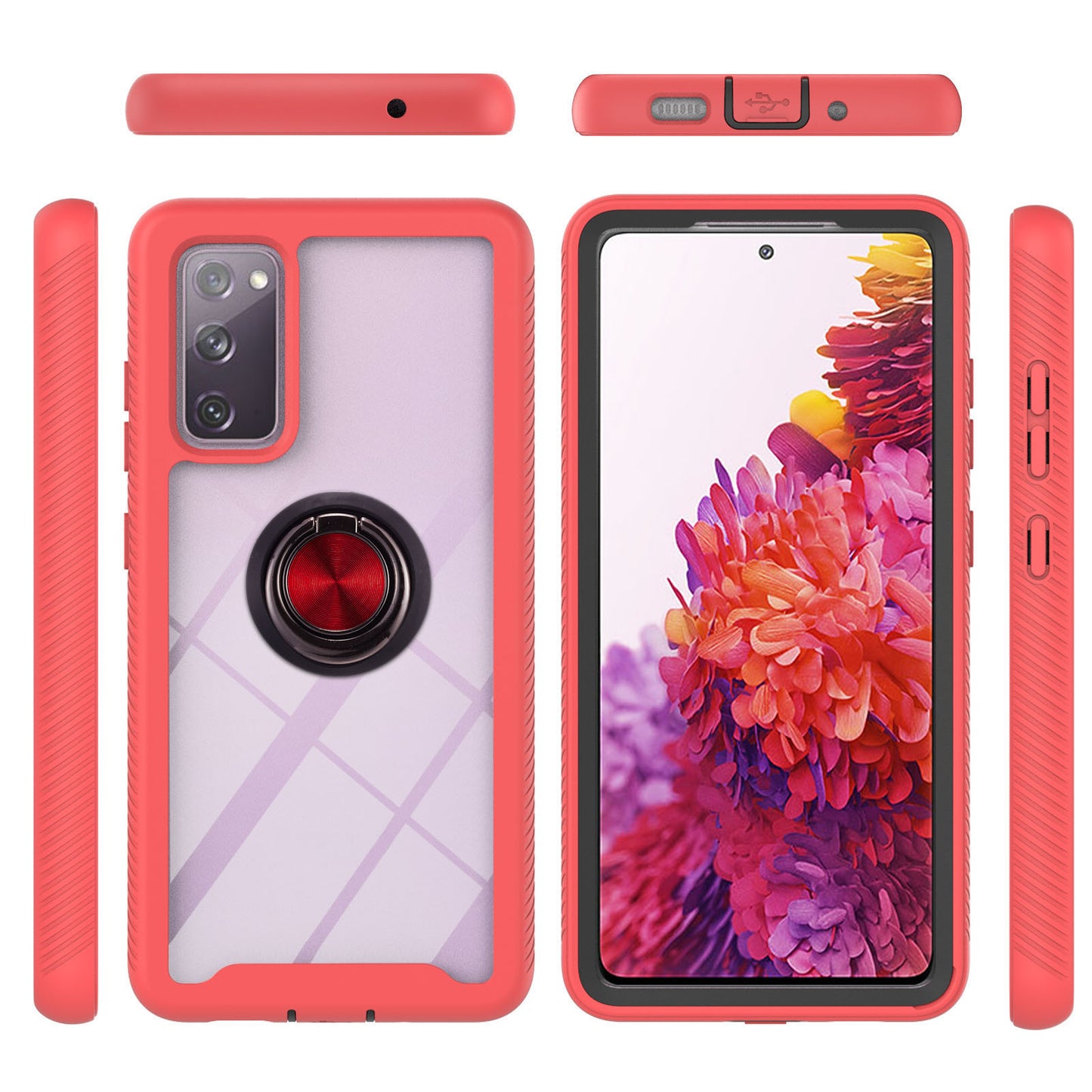 360-Degree Ring Kickstand Design TPU + PC Hybrid Phone Case Protector for Samsung Galaxy S20 FE 2022/S20 FE 4G/S20 FE 5G/S20 Lite - Red