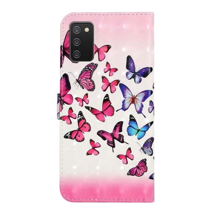3D Cute Pattern Printing Wallet PU Leather Wallet Case Flip Folio Stand View for Samsung Galaxy A02s (164.2x75.9x9.1mm) / M02s - Pink/Blue Butterfly
