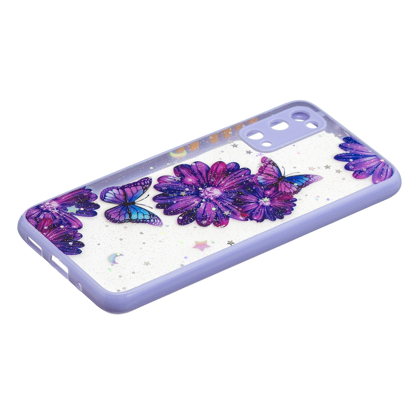 High Impact Pattern Printing Precise Cutout Dual Layer Hard Acrylic Back + Soft TPU Case for Samsung Galaxy S20 4G/S20 5G - Purple Flower Butterfly