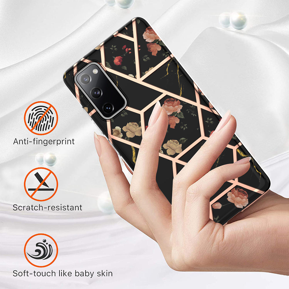 2.0mm IMD IML Flower Pattern Shell Electroplating Marble Phone Case for Samsung Galaxy S20 FE 2022/S20 FE 4G/S20 FE 5G/S20 Lite - Black Marble/Flower