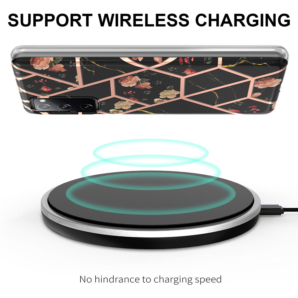 2.0mm IMD IML Flower Pattern Shell Electroplating Marble Phone Case for Samsung Galaxy S20 FE 2022/S20 FE 4G/S20 FE 5G/S20 Lite - Black Marble/Flower