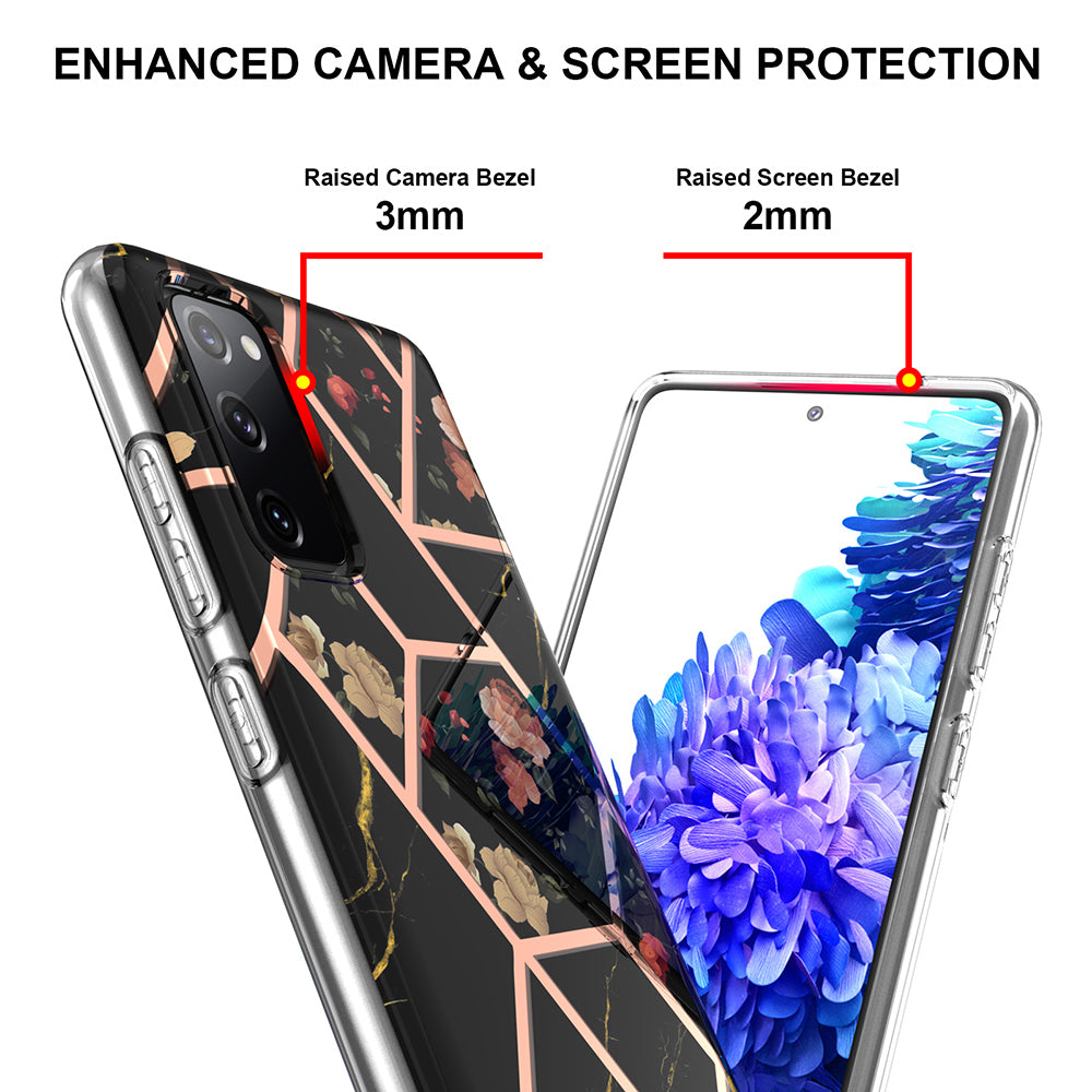 2.0mm IMD IML Flower Pattern Shell Electroplating Marble Phone Case for Samsung Galaxy S20 FE 2022/S20 FE 4G/S20 FE 5G/S20 Lite - Black Marble/Flower