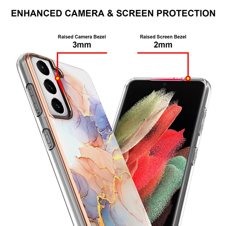 A Series Straight Side Electroplating IMD Anti-Drop TPU Protective Cover for Samsung Galaxy S21 5G/4G - Milky Way Marble White