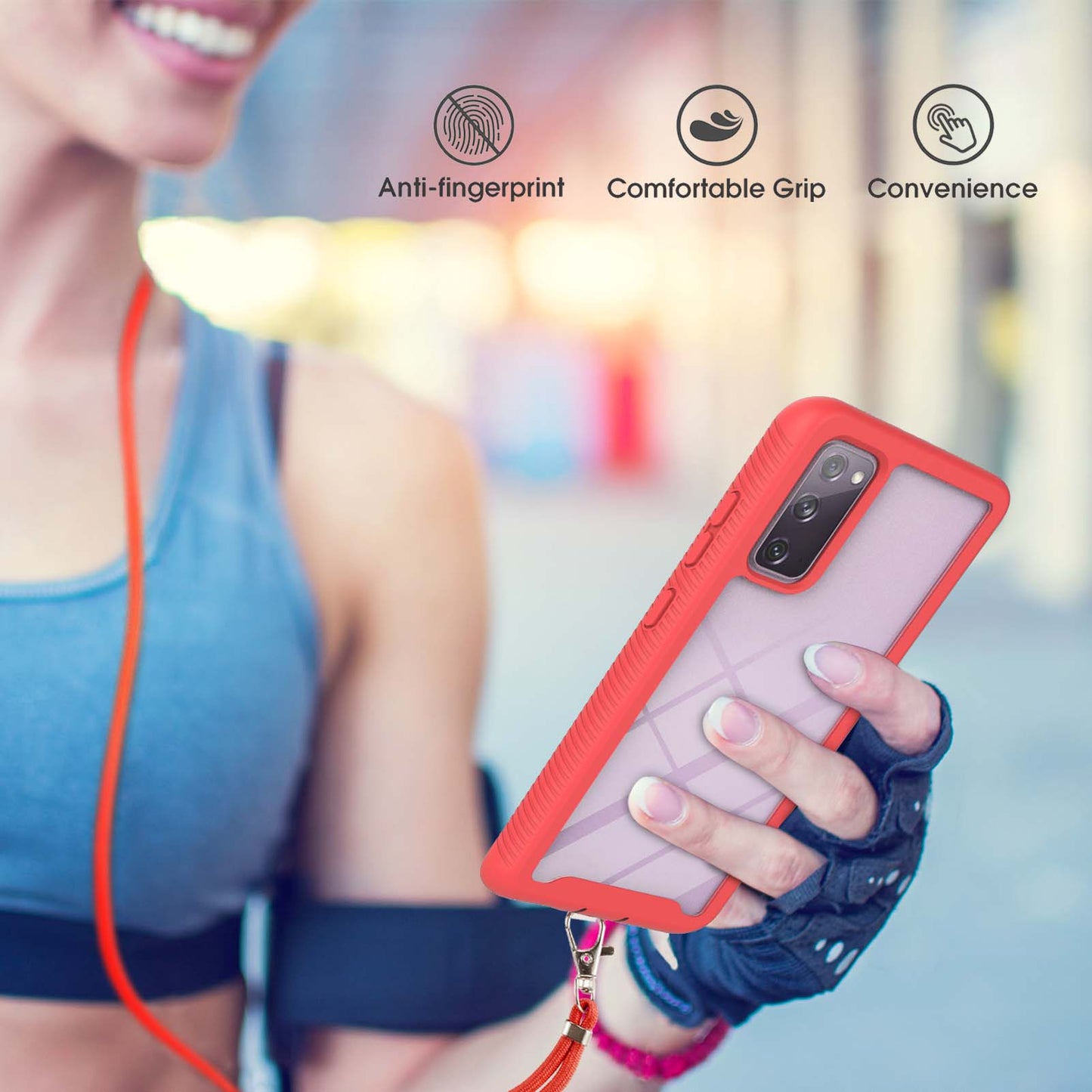 Heavy Duty Rugged Shockproof Hybrid Hard PC Soft TPU Protective Cover with Lanyard for Samsung Galaxy S20 FE 2022/S20 FE 4G/S20 FE 5G/S20 Lite - Red