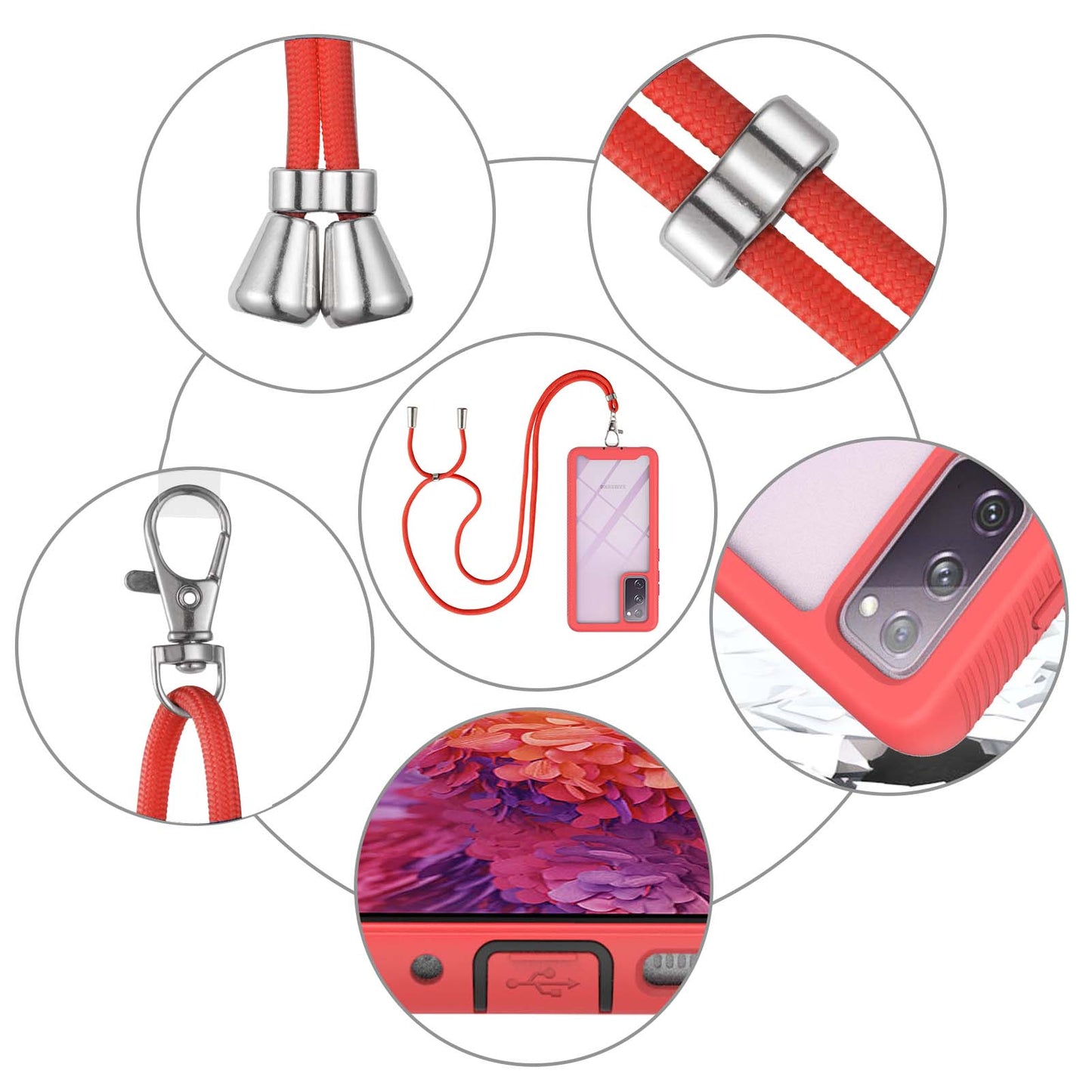 Heavy Duty Rugged Shockproof Hybrid Hard PC Soft TPU Protective Cover with Lanyard for Samsung Galaxy S20 FE 2022/S20 FE 4G/S20 FE 5G/S20 Lite - Red