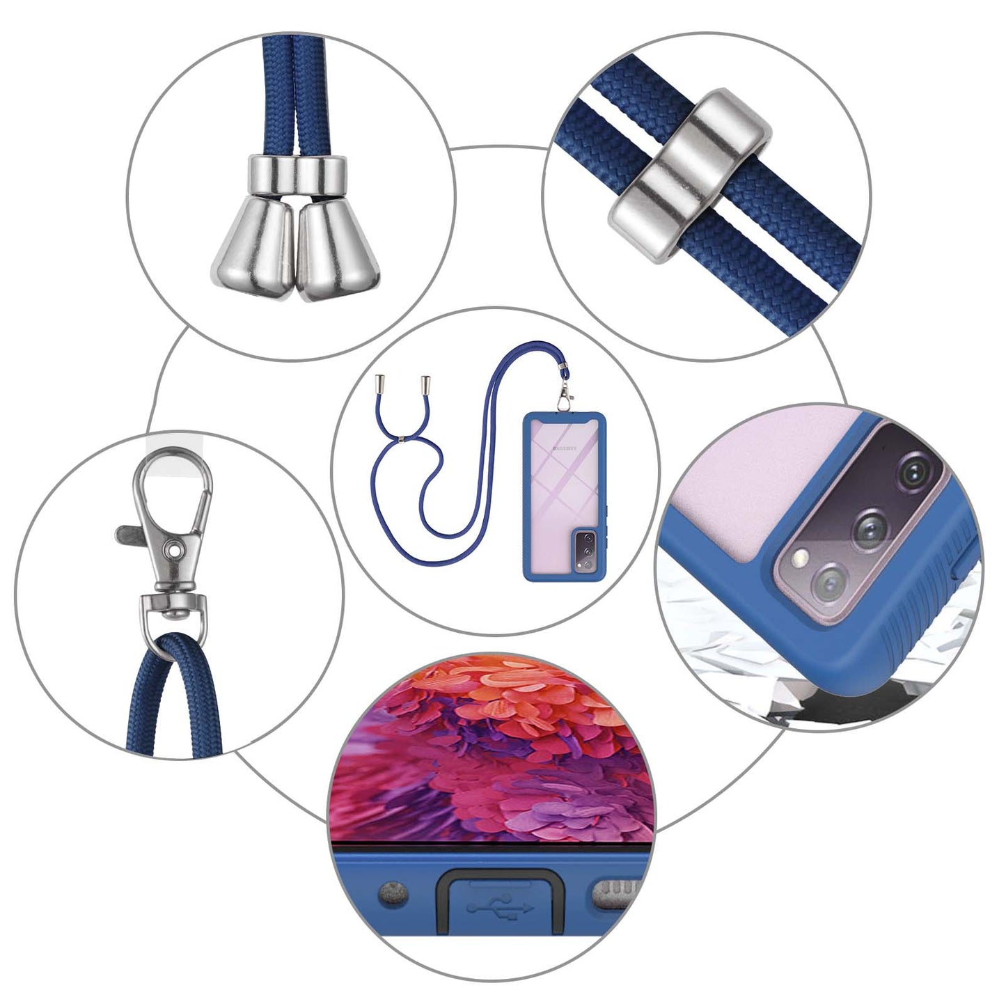 Heavy Duty Rugged Shockproof Hybrid Hard PC Soft TPU Protective Cover with Lanyard for Samsung Galaxy S20 FE 2022/S20 FE 4G/S20 FE 5G/S20 Lite - Blue