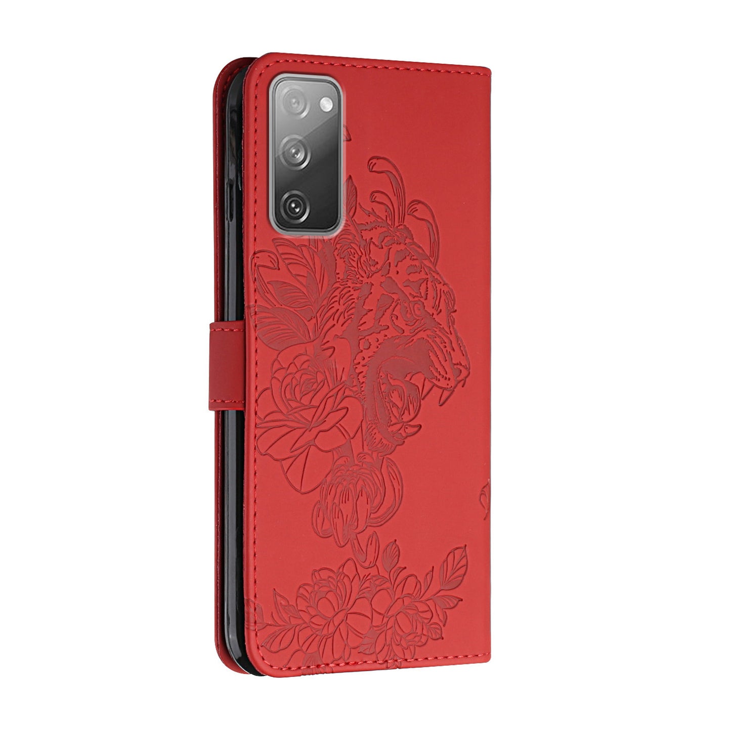 Wallet Stand Design Tiger Head Pattern Imprinting Leather Case for Samsung Galaxy S20 FE 2022/S20 FE 4G/S20 FE 5G/S20 Lite - Red
