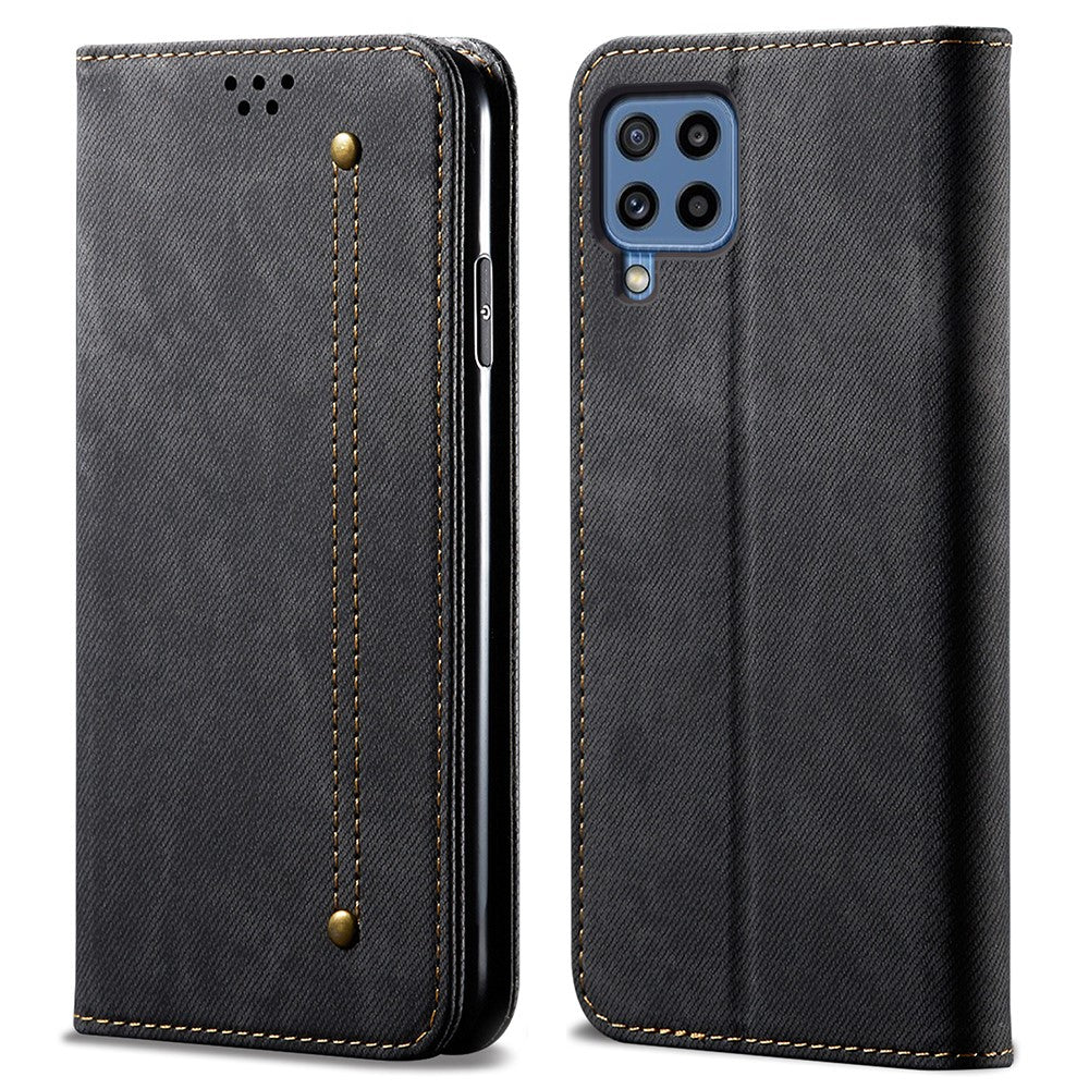 Jeans Cloth Texture Leisure Style Leather Wallet Case with Stand for Samsung Galaxy M32 (Global Version) - Black