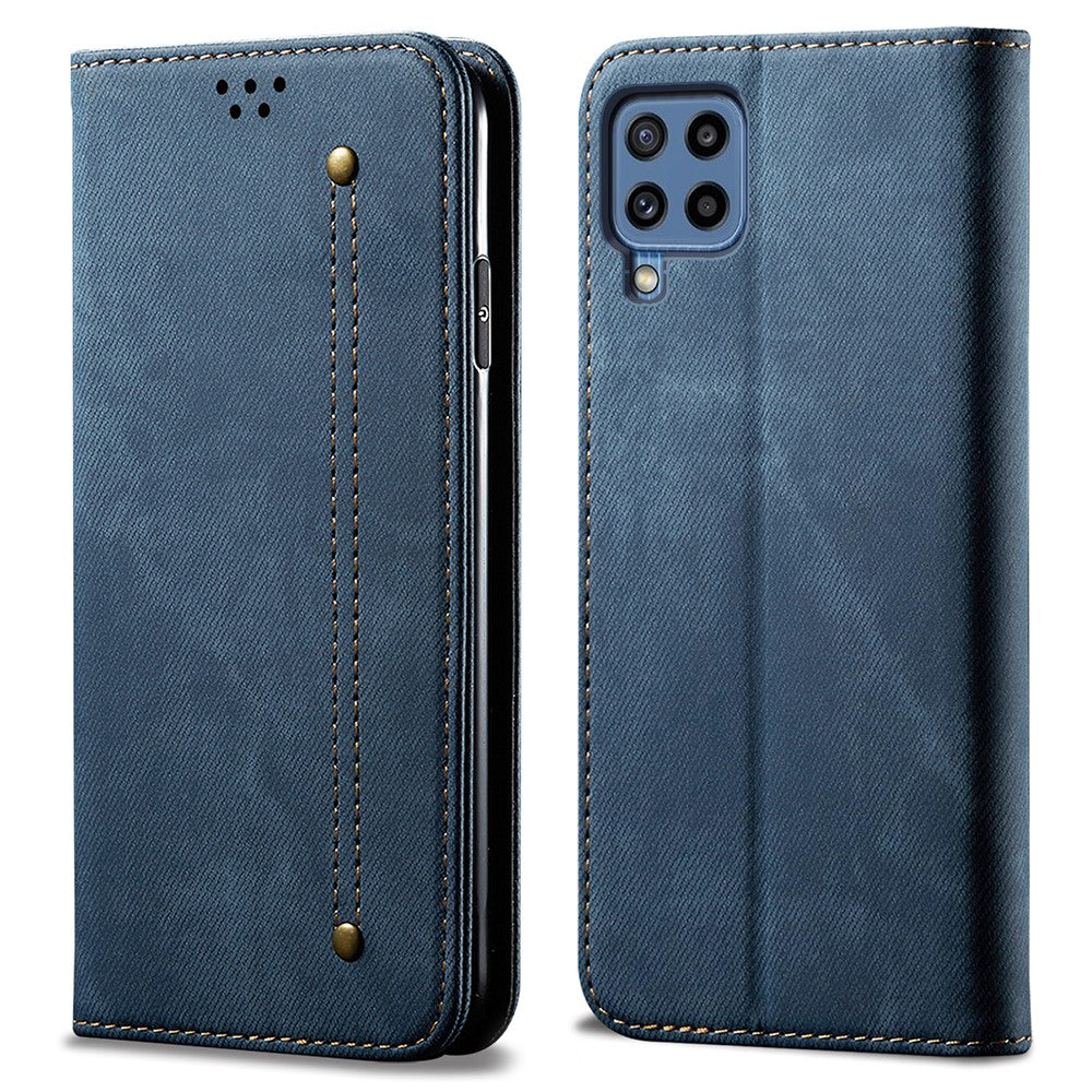 Jeans Cloth Texture Leisure Style Leather Wallet Case with Stand for Samsung Galaxy M32 (Global Version) - Blue