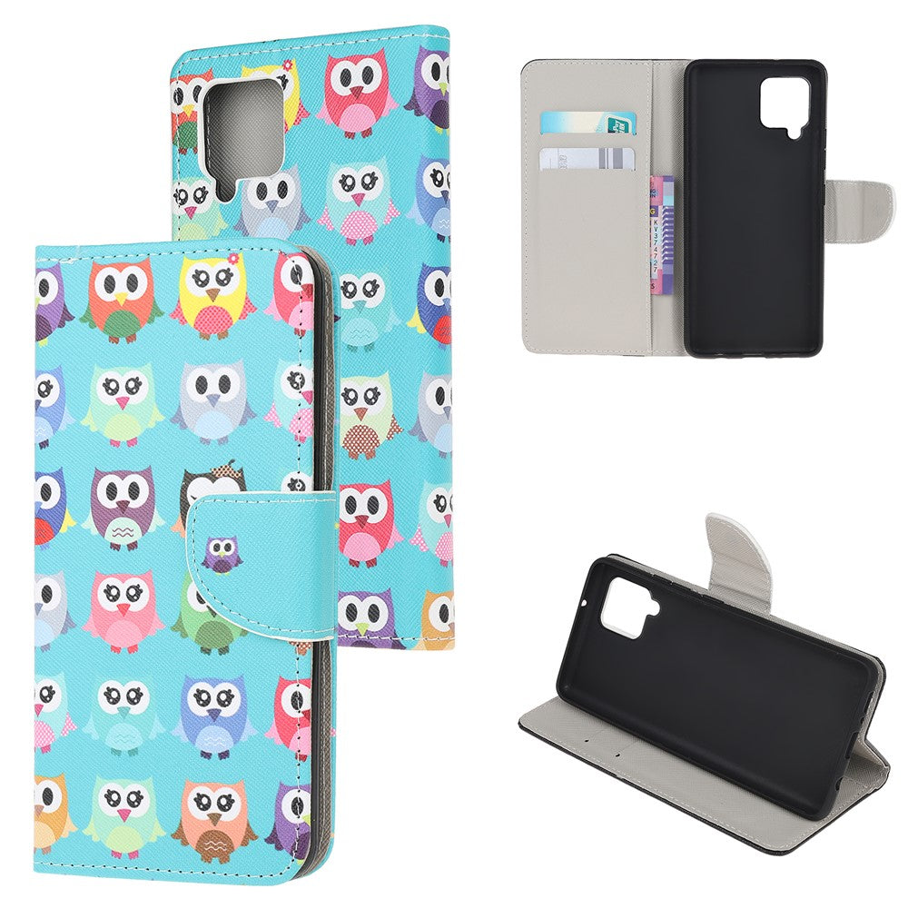 Cross Texture PU Leather Pattern Wallet Shockproof Folio Case with Kickstand Magnetic Closure for Samsung Galaxy M32 (Global Version) - Cute Owls