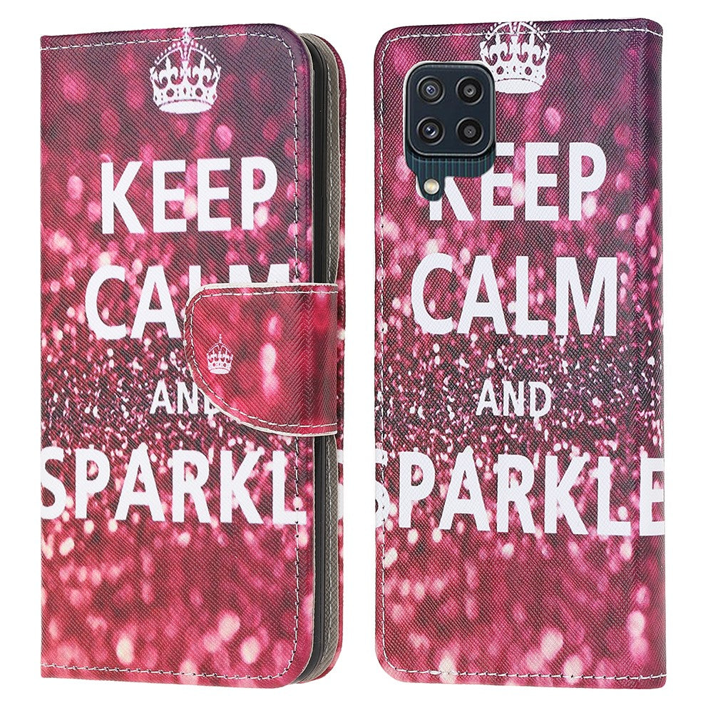 Cross Texture PU Leather Pattern Wallet Shockproof Folio Case with Kickstand Magnetic Closure for Samsung Galaxy M32 (Global Version) - Keep Calm and Sparkle
