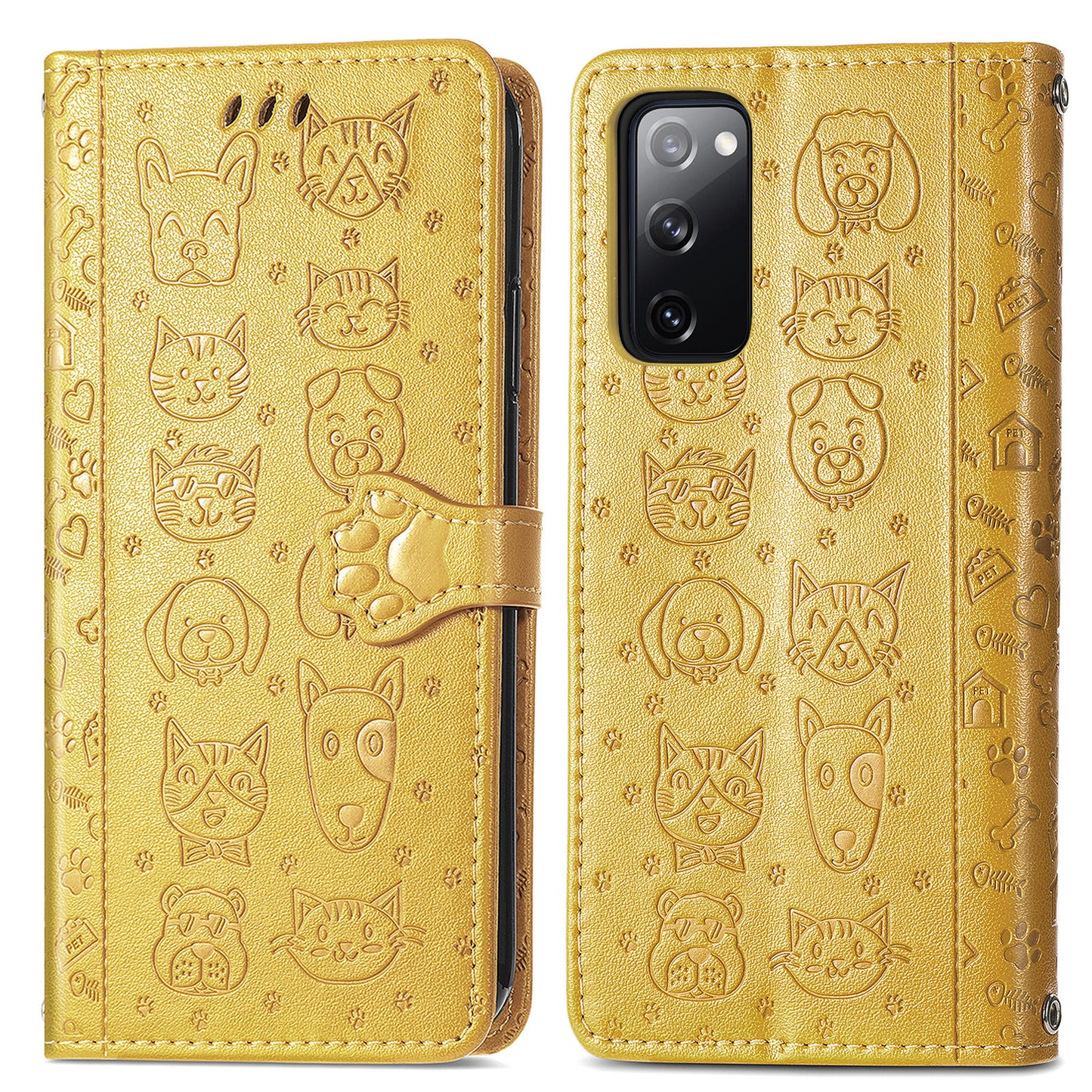 Imprint Cat Dog Pattern Leather Case with Stand Wallet for Samsung Galaxy S20 FE 2022/S20 FE 4G/S20 FE 5G/S20 Lite - Yellow