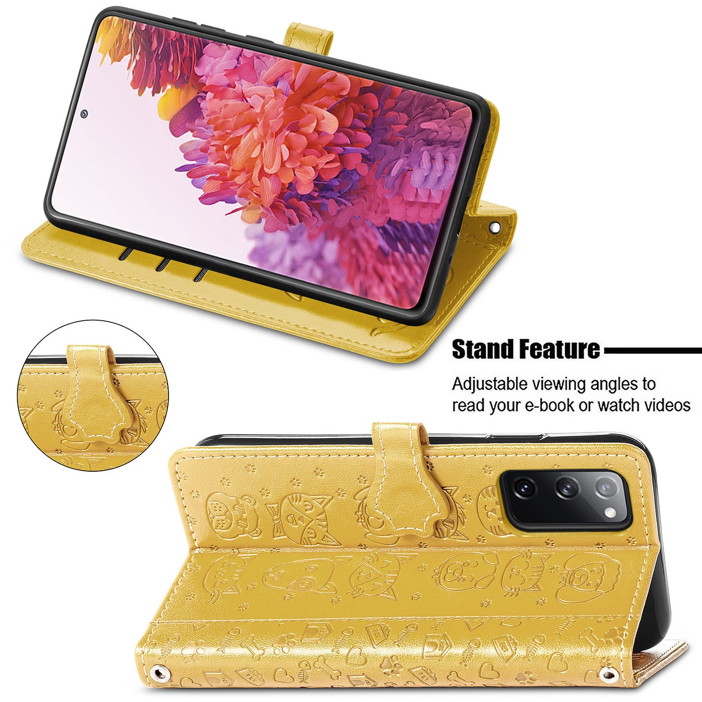 Imprint Cat Dog Pattern Leather Case with Stand Wallet for Samsung Galaxy S20 FE 2022/S20 FE 4G/S20 FE 5G/S20 Lite - Yellow