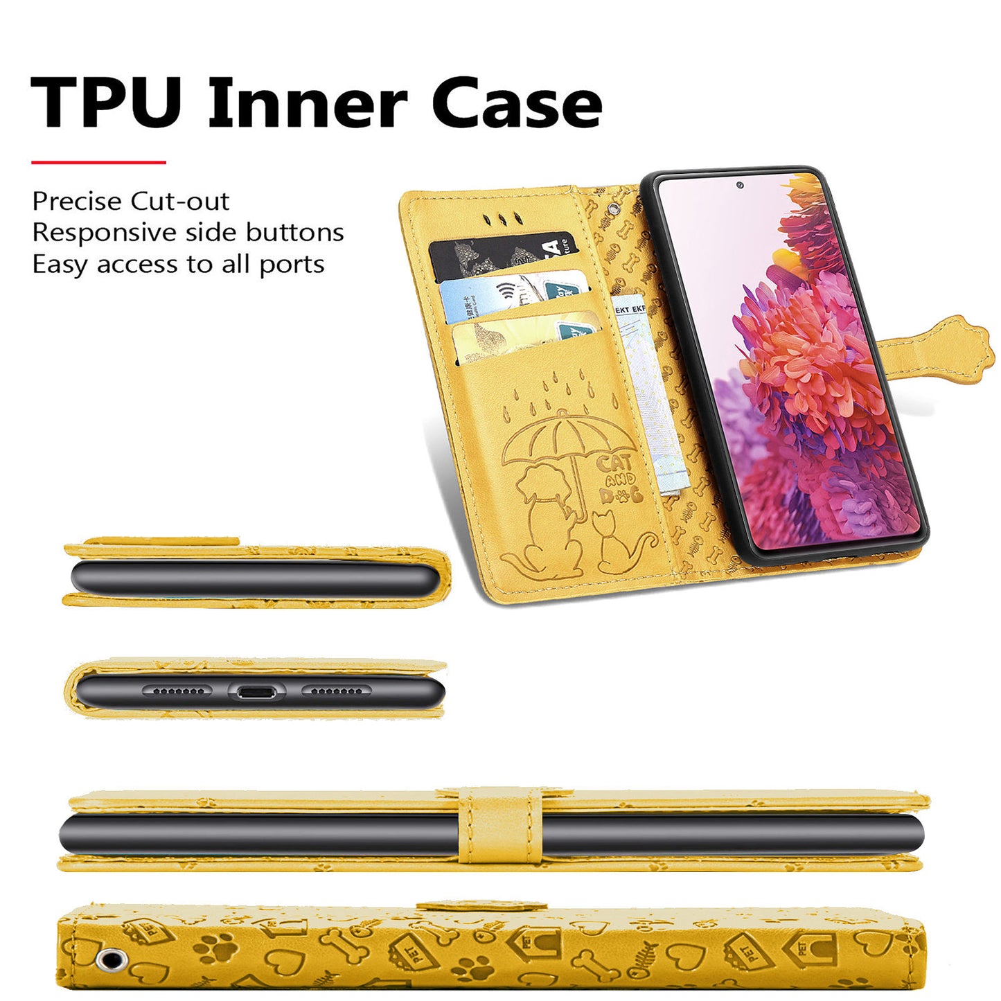 Imprint Cat Dog Pattern Leather Case with Stand Wallet for Samsung Galaxy S20 FE 2022/S20 FE 4G/S20 FE 5G/S20 Lite - Yellow