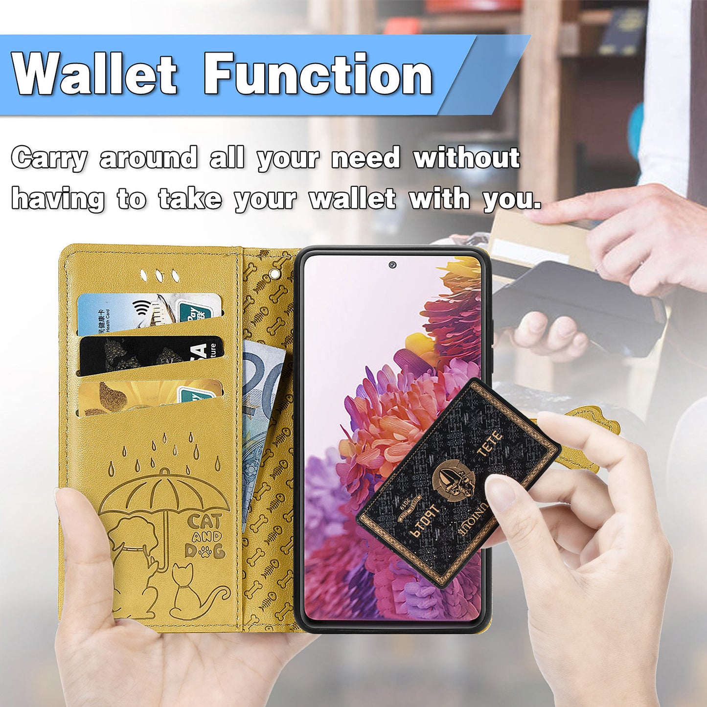 Imprint Cat Dog Pattern Leather Case with Stand Wallet for Samsung Galaxy S20 FE 2022/S20 FE 4G/S20 FE 5G/S20 Lite - Yellow