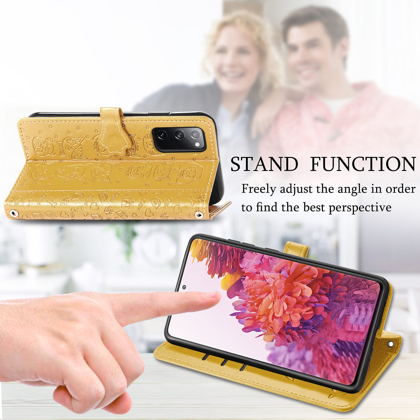 Imprint Cat Dog Pattern Leather Case with Stand Wallet for Samsung Galaxy S20 FE 2022/S20 FE 4G/S20 FE 5G/S20 Lite - Yellow
