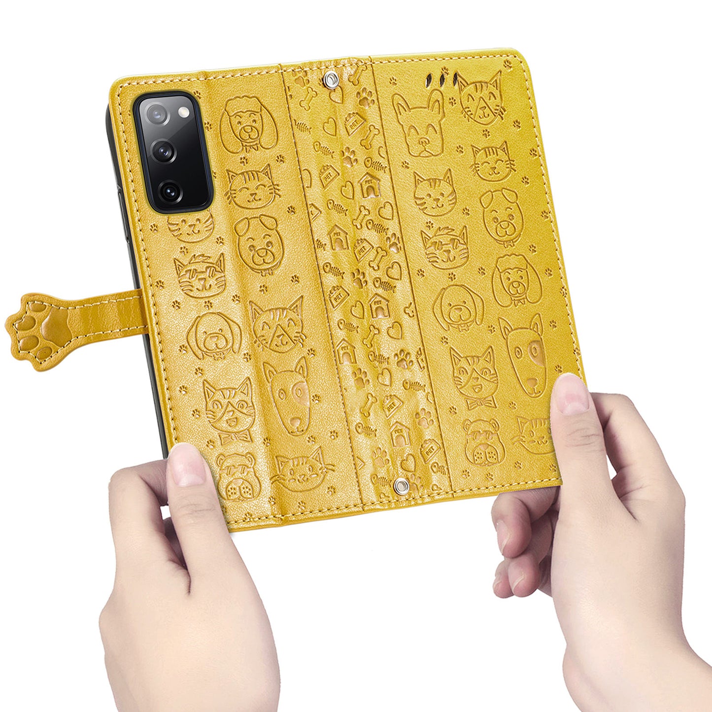 Imprint Cat Dog Pattern Leather Case with Stand Wallet for Samsung Galaxy S20 FE 2022/S20 FE 4G/S20 FE 5G/S20 Lite - Yellow