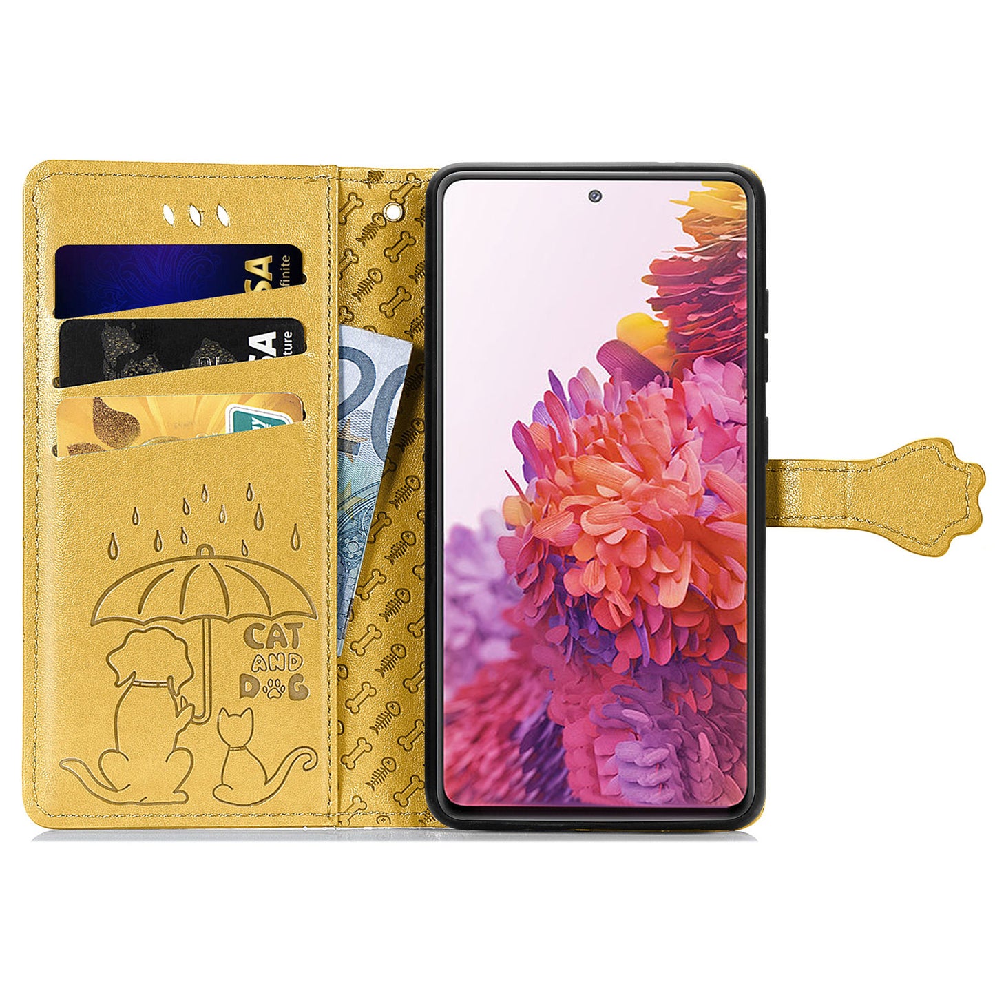 Imprint Cat Dog Pattern Leather Case with Stand Wallet for Samsung Galaxy S20 FE 2022/S20 FE 4G/S20 FE 5G/S20 Lite - Yellow