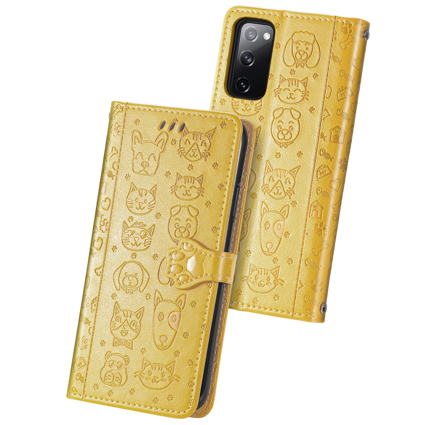 Imprint Cat Dog Pattern Leather Case with Stand Wallet for Samsung Galaxy S20 FE 2022/S20 FE 4G/S20 FE 5G/S20 Lite - Yellow