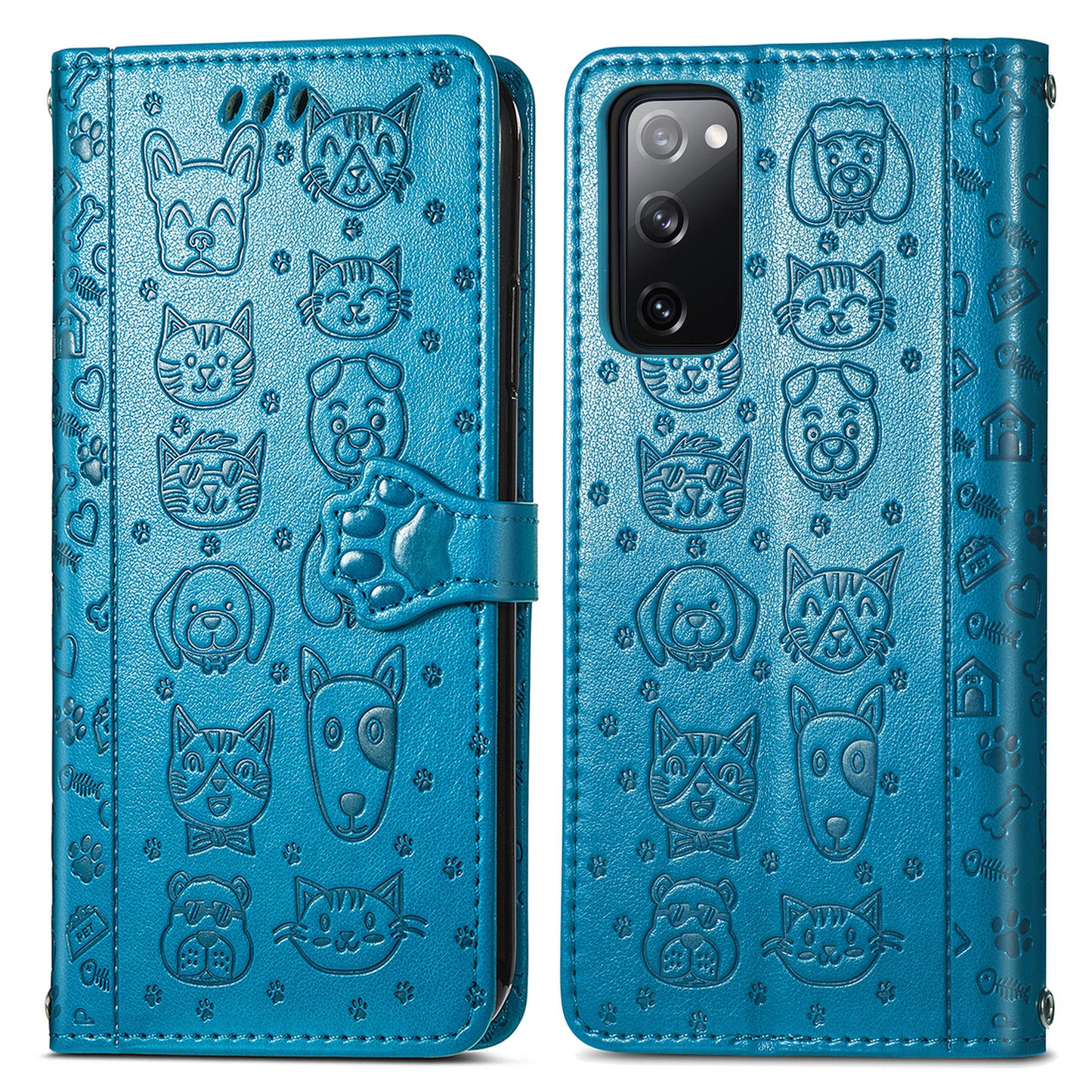 Imprint Cat Dog Pattern Leather Case with Stand Wallet for Samsung Galaxy S20 FE 2022/S20 FE 4G/S20 FE 5G/S20 Lite - Blue