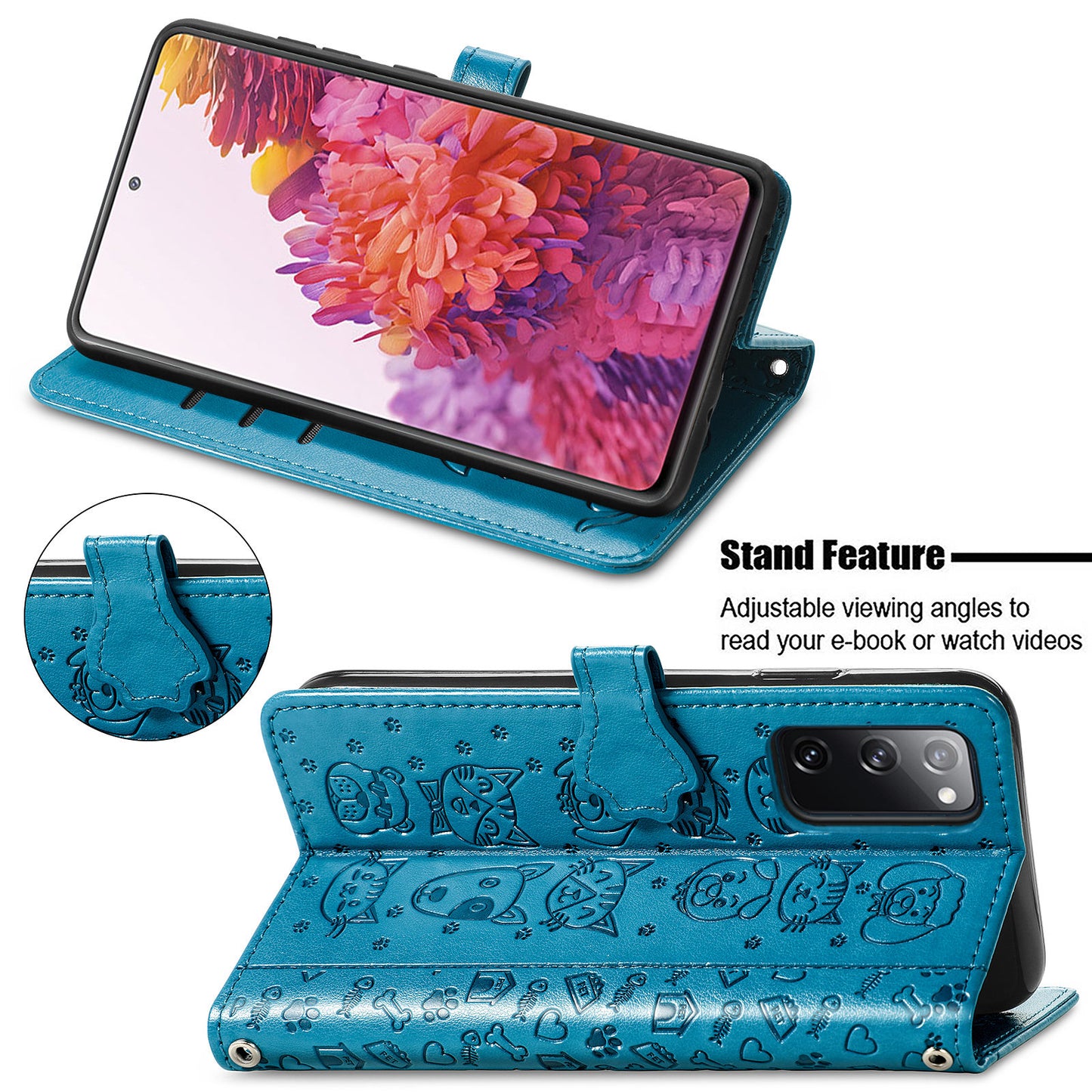 Imprint Cat Dog Pattern Leather Case with Stand Wallet for Samsung Galaxy S20 FE 2022/S20 FE 4G/S20 FE 5G/S20 Lite - Blue