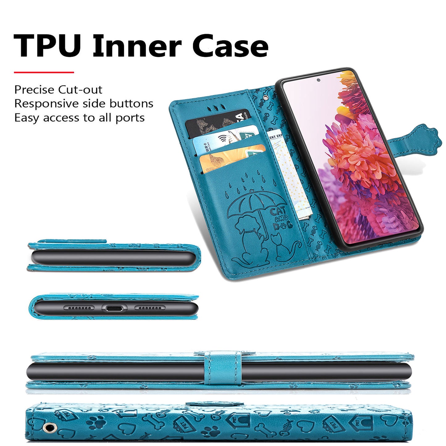 Imprint Cat Dog Pattern Leather Case with Stand Wallet for Samsung Galaxy S20 FE 2022/S20 FE 4G/S20 FE 5G/S20 Lite - Blue