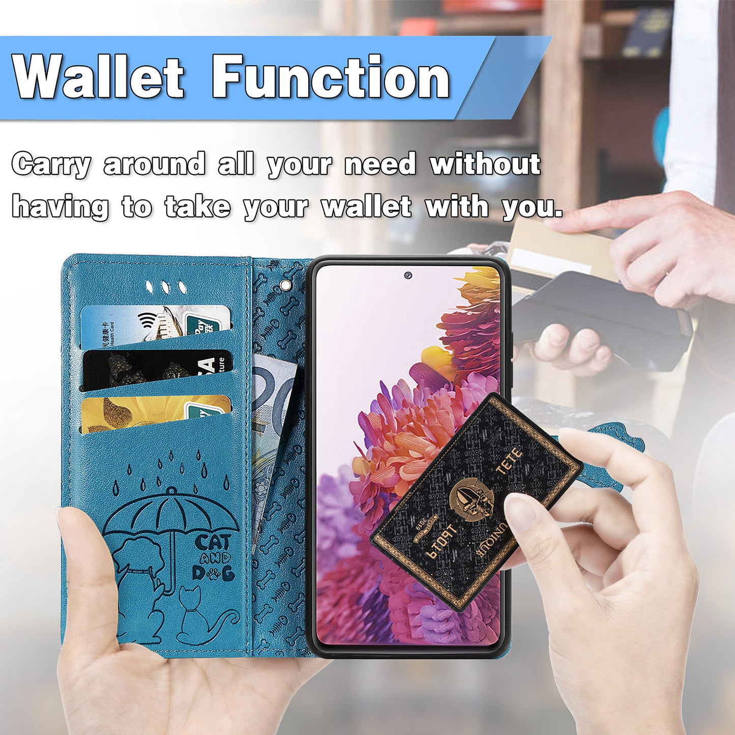 Imprint Cat Dog Pattern Leather Case with Stand Wallet for Samsung Galaxy S20 FE 2022/S20 FE 4G/S20 FE 5G/S20 Lite - Blue