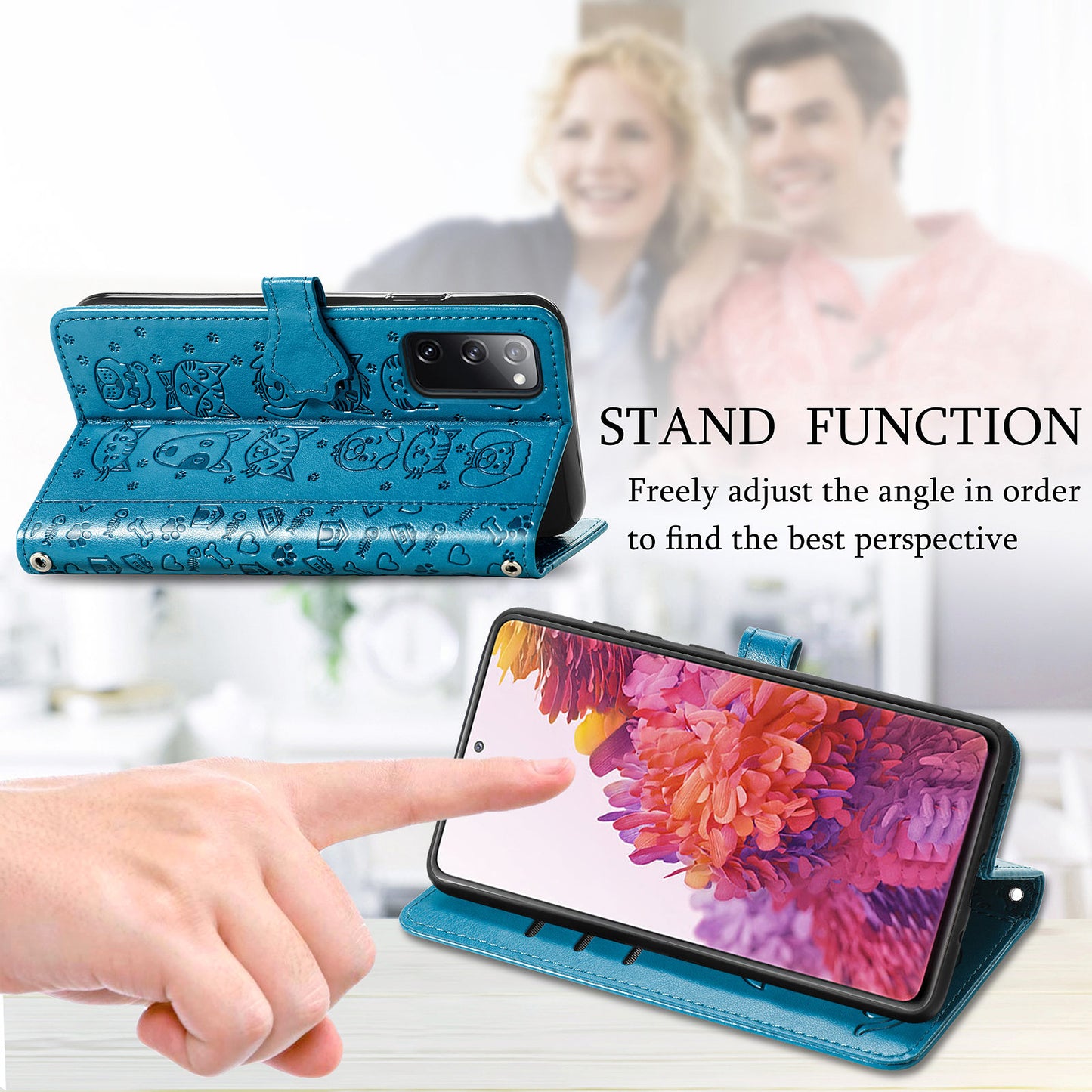 Imprint Cat Dog Pattern Leather Case with Stand Wallet for Samsung Galaxy S20 FE 2022/S20 FE 4G/S20 FE 5G/S20 Lite - Blue