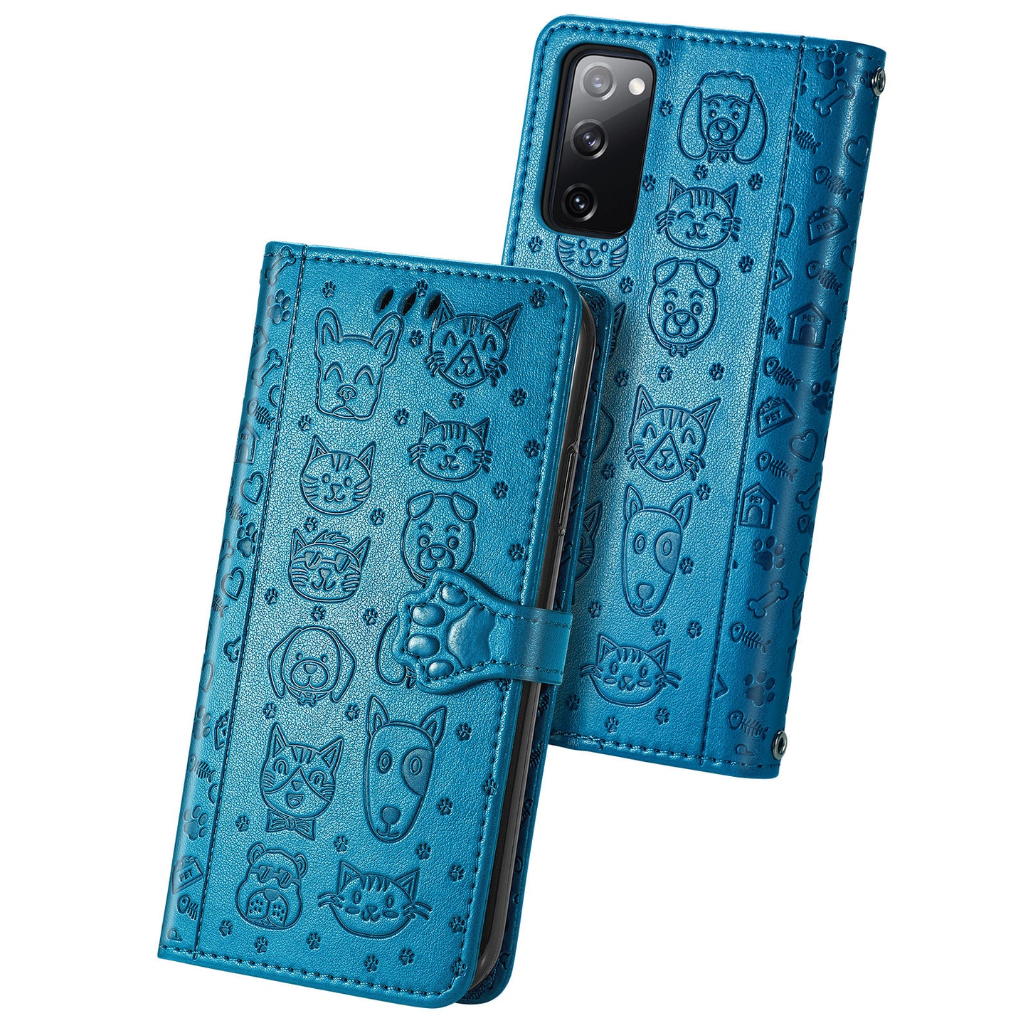Imprint Cat Dog Pattern Leather Case with Stand Wallet for Samsung Galaxy S20 FE 2022/S20 FE 4G/S20 FE 5G/S20 Lite - Blue