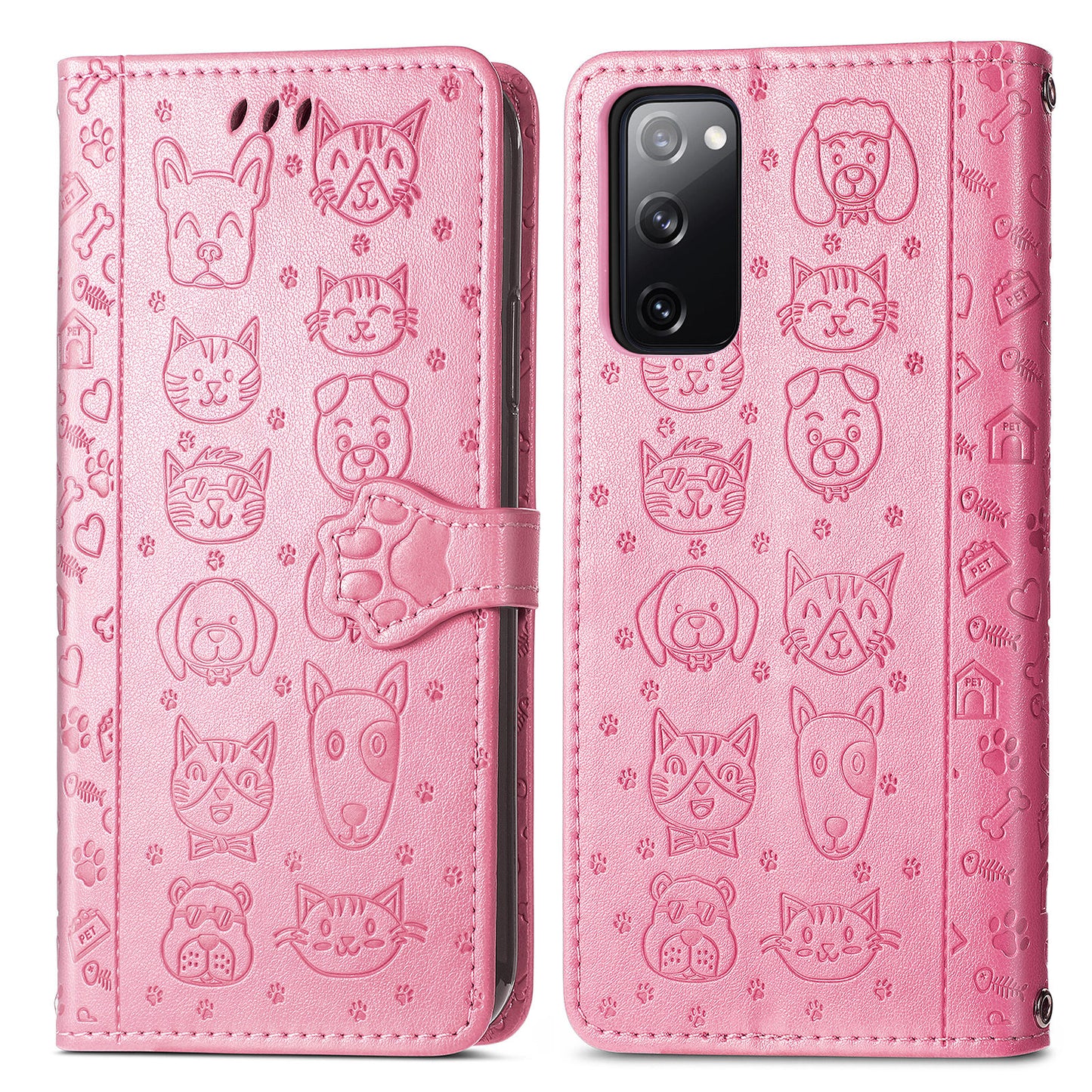 Imprint Cat Dog Pattern Leather Case with Stand Wallet for Samsung Galaxy S20 FE 2022/S20 FE 4G/S20 FE 5G/S20 Lite - Pink