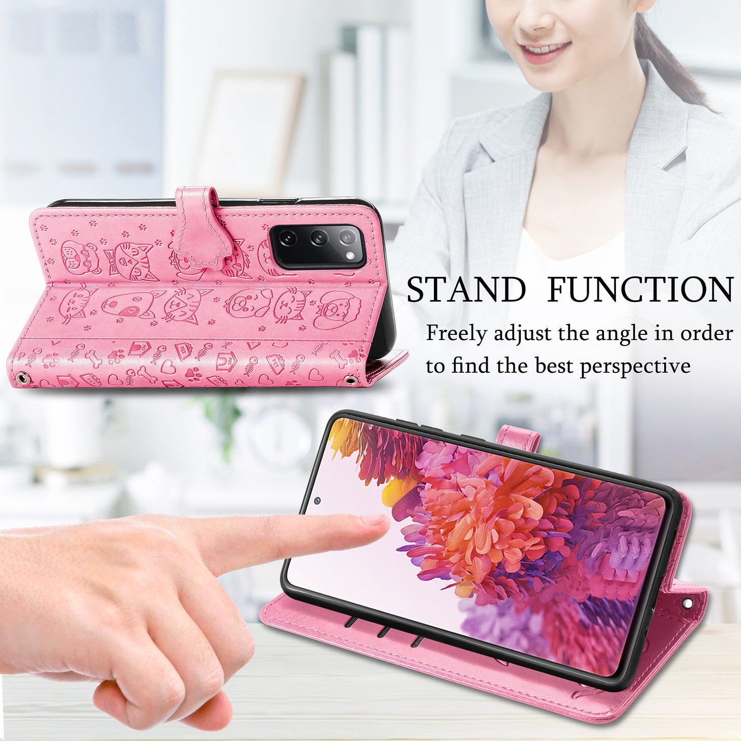 Imprint Cat Dog Pattern Leather Case with Stand Wallet for Samsung Galaxy S20 FE 2022/S20 FE 4G/S20 FE 5G/S20 Lite - Pink