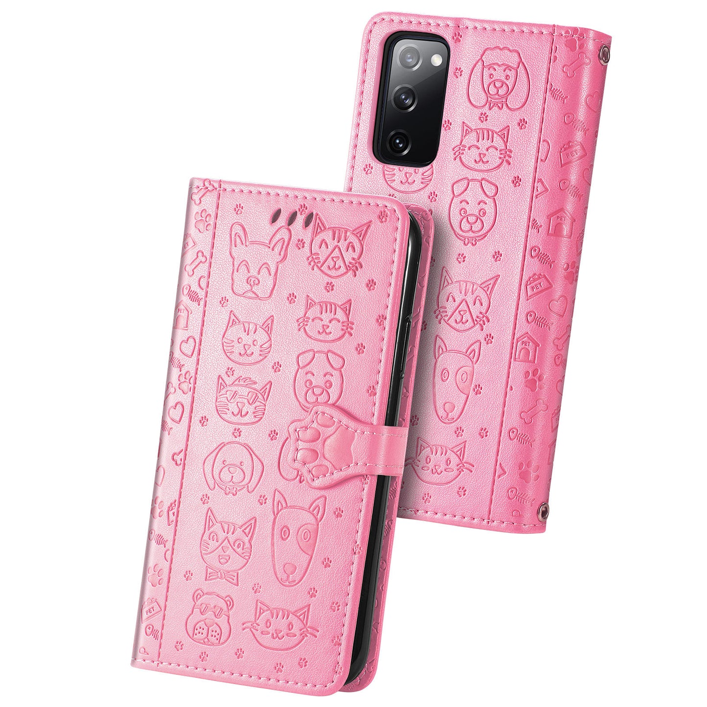 Imprint Cat Dog Pattern Leather Case with Stand Wallet for Samsung Galaxy S20 FE 2022/S20 FE 4G/S20 FE 5G/S20 Lite - Pink