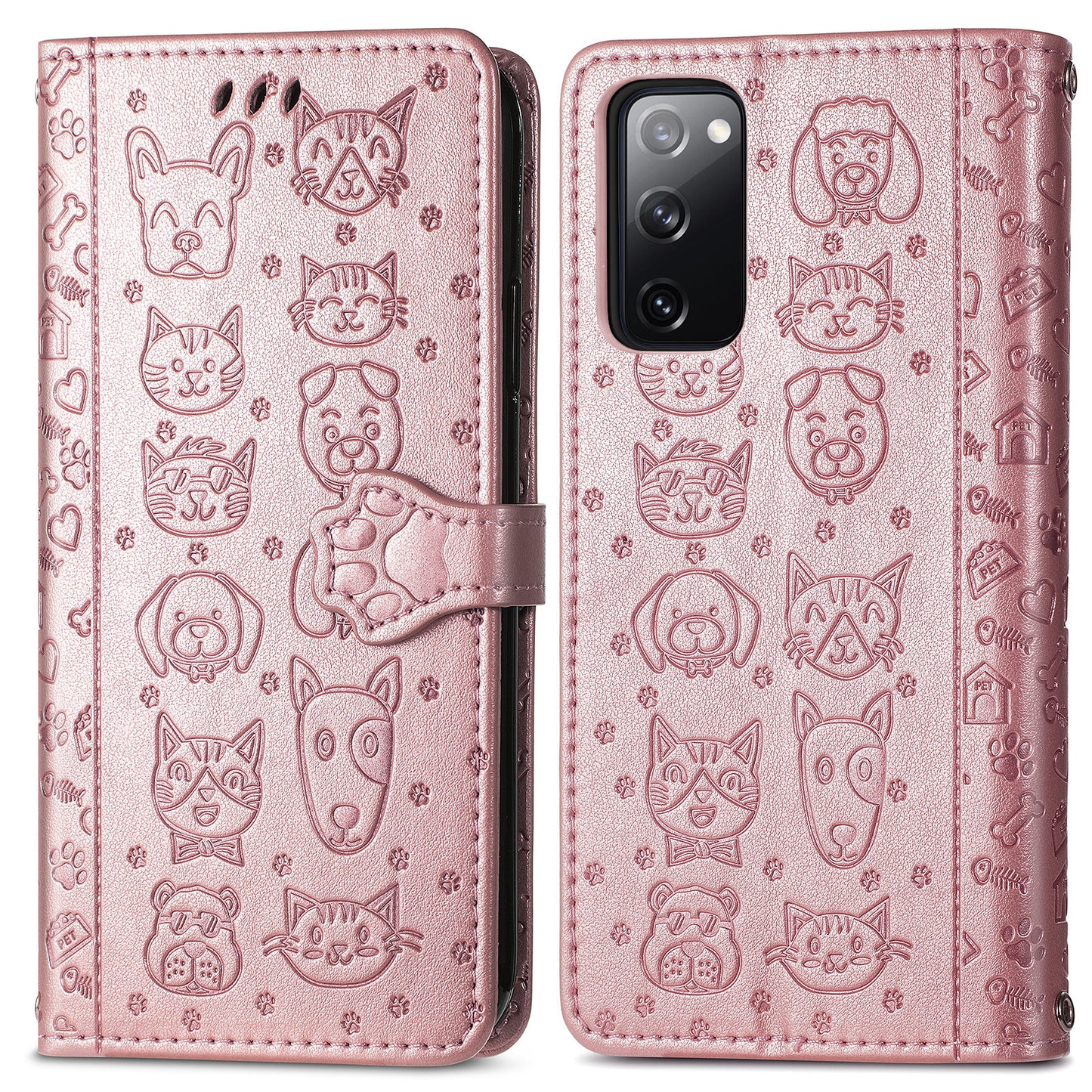Imprint Cat Dog Pattern Leather Case with Stand Wallet for Samsung Galaxy S20 FE 2022/S20 FE 4G/S20 FE 5G/S20 Lite - Rose Gold