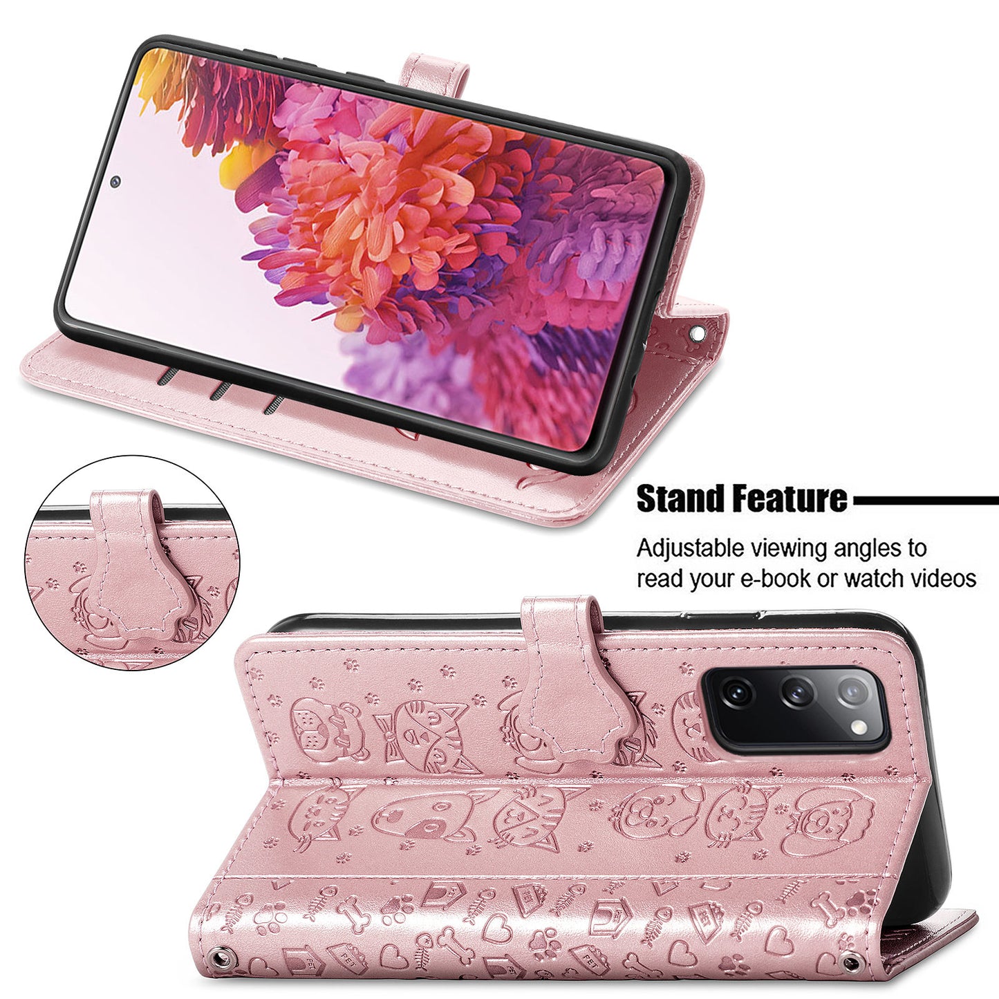 Imprint Cat Dog Pattern Leather Case with Stand Wallet for Samsung Galaxy S20 FE 2022/S20 FE 4G/S20 FE 5G/S20 Lite - Rose Gold