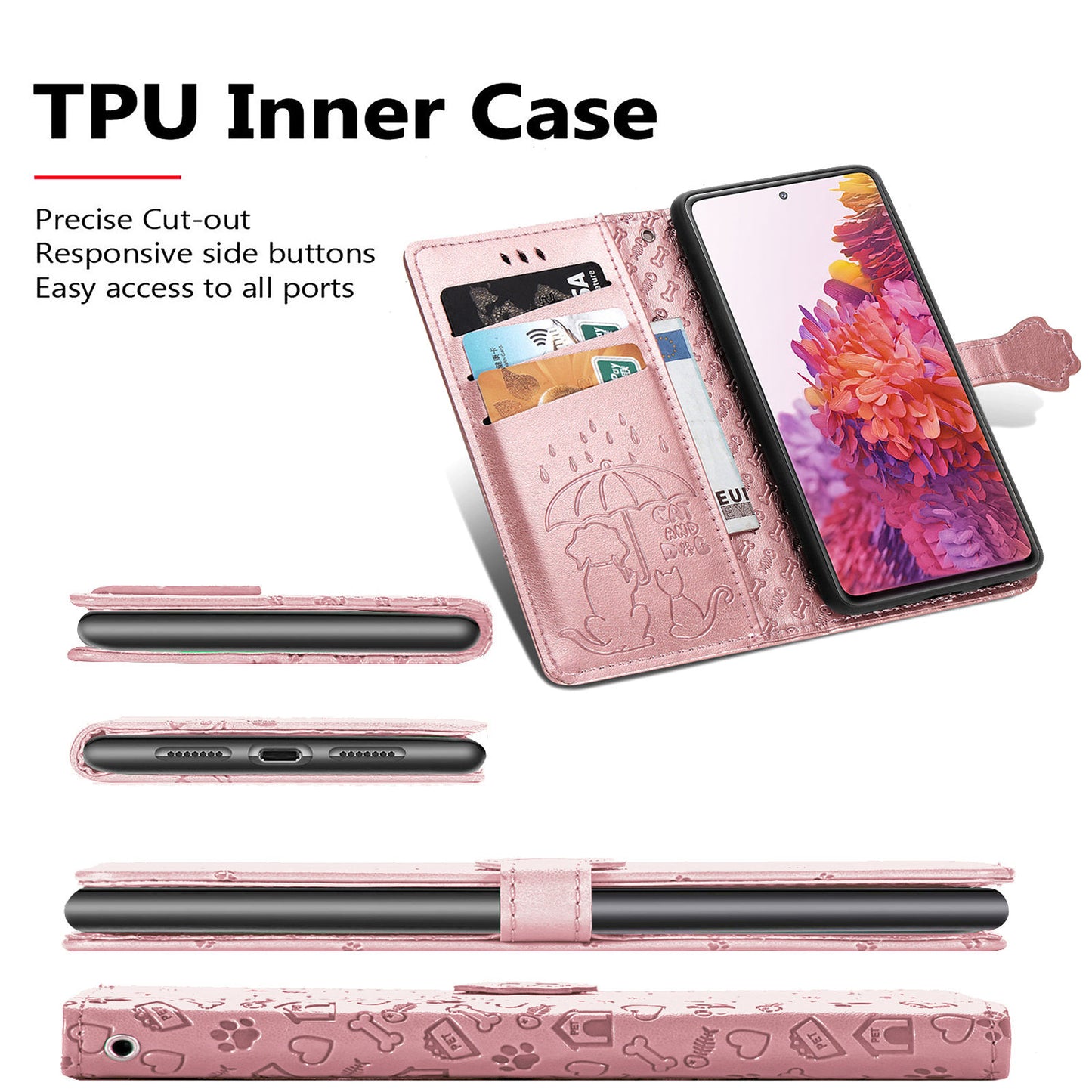 Imprint Cat Dog Pattern Leather Case with Stand Wallet for Samsung Galaxy S20 FE 2022/S20 FE 4G/S20 FE 5G/S20 Lite - Rose Gold