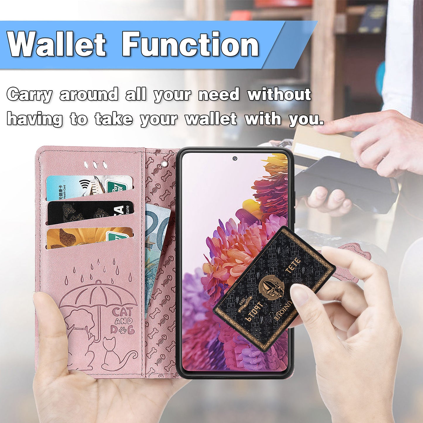Imprint Cat Dog Pattern Leather Case with Stand Wallet for Samsung Galaxy S20 FE 2022/S20 FE 4G/S20 FE 5G/S20 Lite - Rose Gold