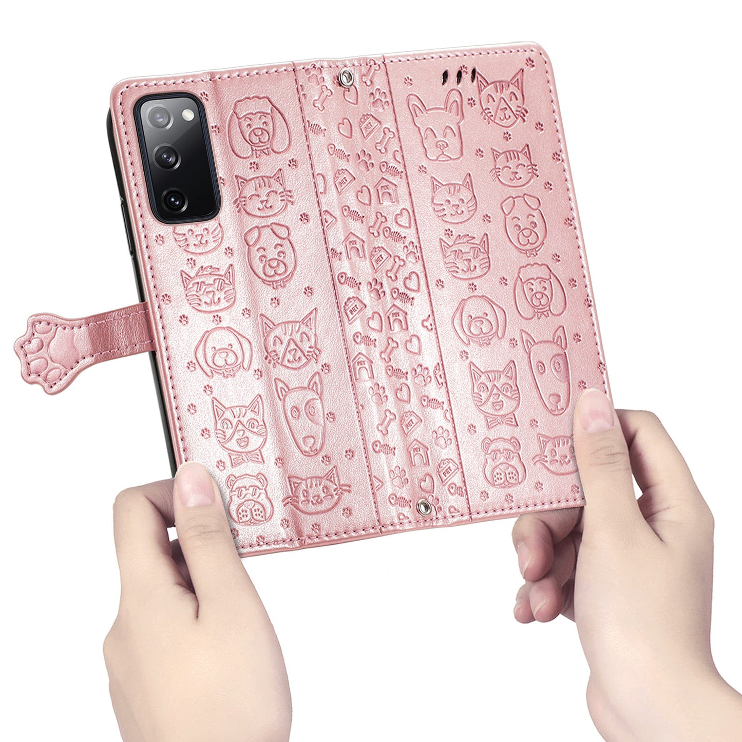 Imprint Cat Dog Pattern Leather Case with Stand Wallet for Samsung Galaxy S20 FE 2022/S20 FE 4G/S20 FE 5G/S20 Lite - Rose Gold