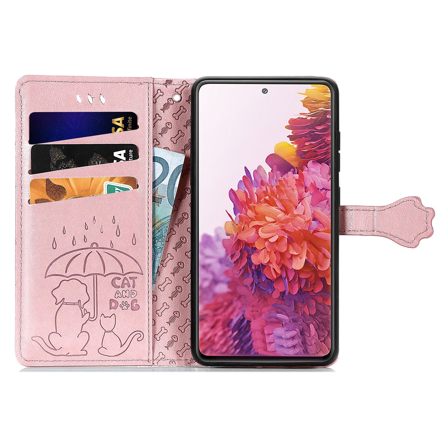 Imprint Cat Dog Pattern Leather Case with Stand Wallet for Samsung Galaxy S20 FE 2022/S20 FE 4G/S20 FE 5G/S20 Lite - Rose Gold